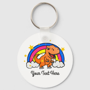 Cute Custom Text Orange Dinosaur Rainbow Key Ring