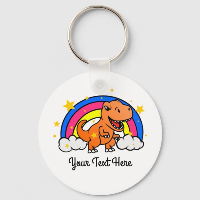 Cute Custom Text Orange Dinosaur Rainbow Key Ring (Front)