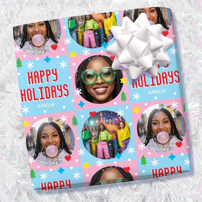 Cute Custom Text Photo Retro Blue Christmas  Wrapping Paper (Creator Uploaded)