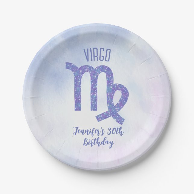 Cute Custom Virgo Purple Astrology Birthday Party Paper Plate (Front)