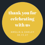 Cute Custom Yellow Couples Shower Thank You Classic Round Sticker<br><div class="desc">Express your gratitude in style with these vibrant yellow "Thank You" stickers, featuring bold typography and customisable text. Perfect for sealing favour bags, personalising gift boxes, or adding a cheerful touch to event decor, these stickers are ideal for weddings, bridal showers, or any celebration. With their modern design and bright...</div>