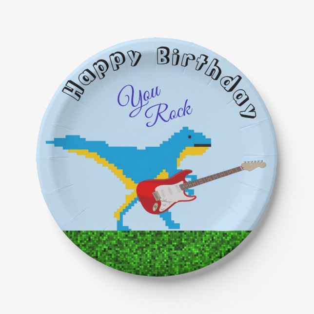 Cute Custom You Rock Dinosaur Birthday Boy Pixel Paper Plate (Front)