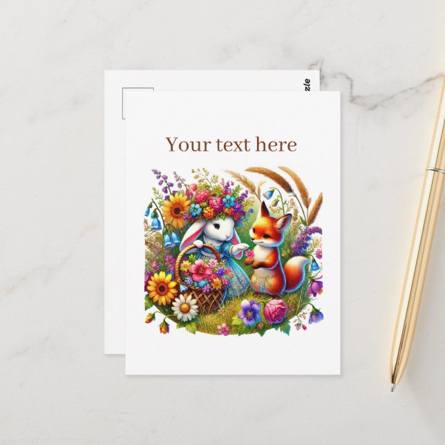 Cute customisable animal lovers fox bunny postcard (Front/Back In Situ)