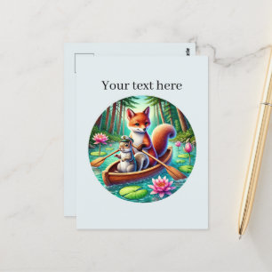 Cute customisable mixed animals canoeing postcard