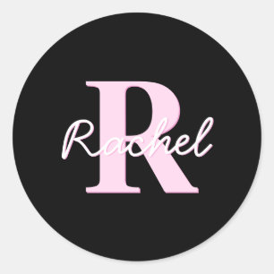 Cute Customisable Monogram Light Pink & Black Classic Round Sticker