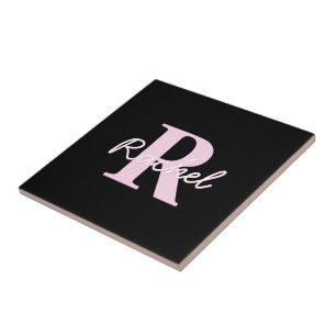 Cute Customisable Monogram   Light Pink & Black Tile