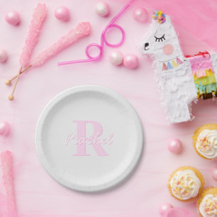 Cute Customisable Monogram Pink Ombre & Grey Paper Plate