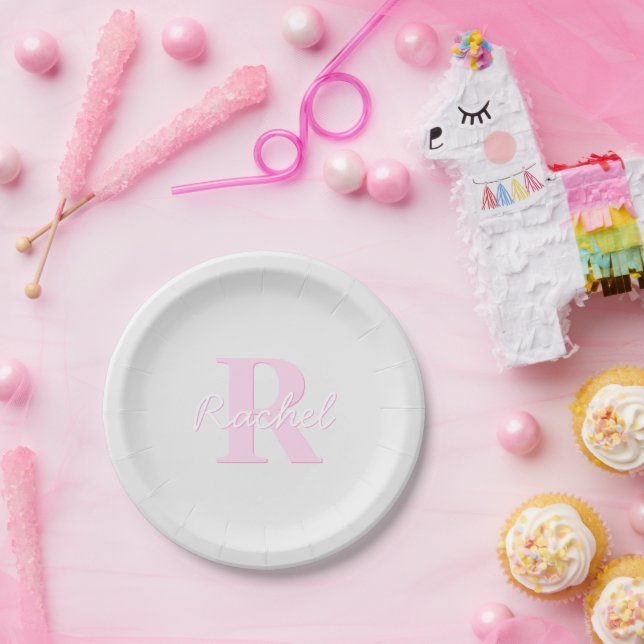 Cute Customisable Monogram | Pink Ombre & Grey Paper Plate (Party)