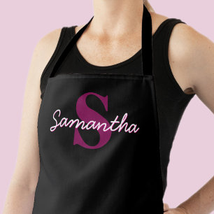 Cute Customisable Pink & Black Monogram Script Apron