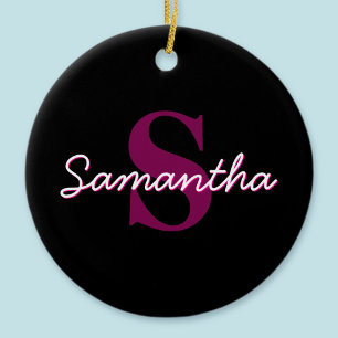 Cute Customisable Pink & Black Monogram Script Ceramic Tree Decoration