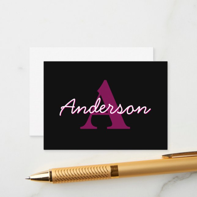 Cute Customisable Pink & Black Monogram Script Enclosure Card (Front/Back In Situ)