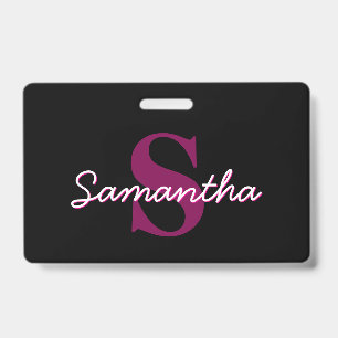 Cute Customisable Pink & Black Monogram Script ID Badge