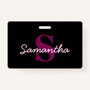 Cute Customisable Pink & Black Monogram Script ID Badge