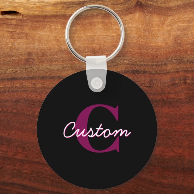 Cute Customisable Pink & Black Monogram Script Key Ring (Front)
