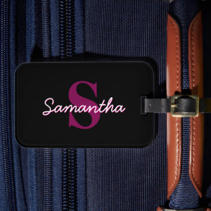 Cute Customisable Pink & Black Monogram Script Luggage Tag