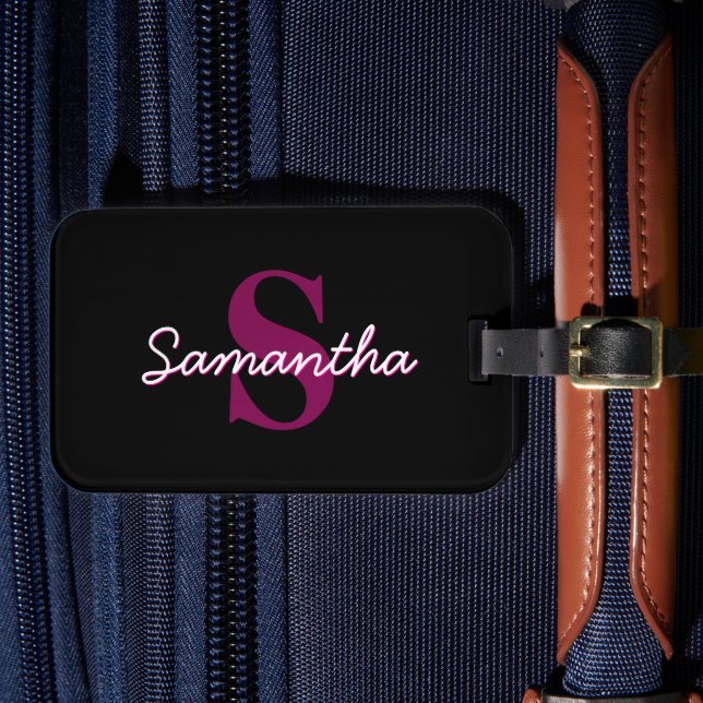 Cute Customisable Pink & Black Monogram Script Luggage Tag (Front Insitu 4)
