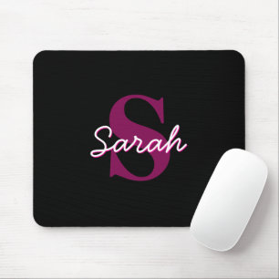 Cute Customisable Pink & Black Monogram Script Mouse Mat