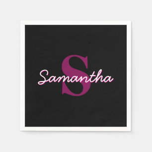 Cute Customisable Pink & Black Monogram Script Napkin
