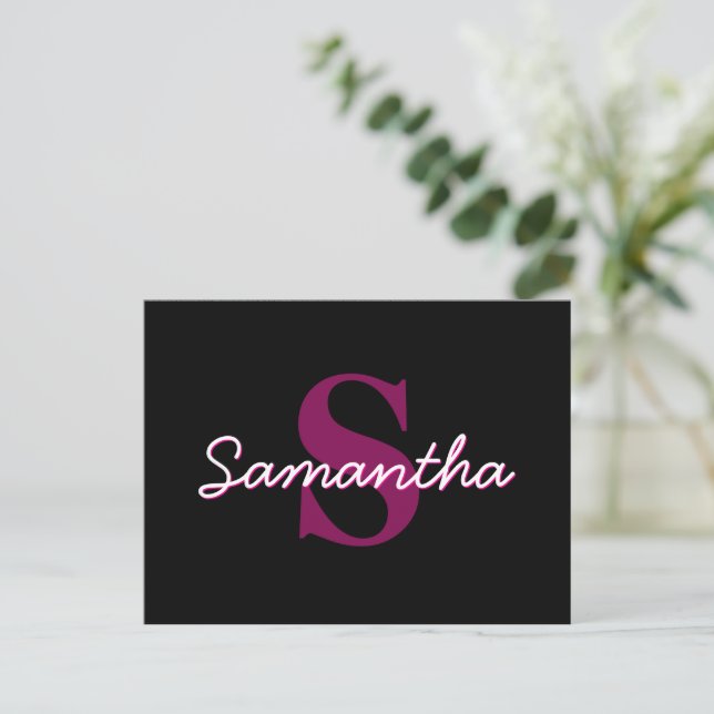 Cute Customisable Pink & Black Monogram Script Postcard (Standing Front)