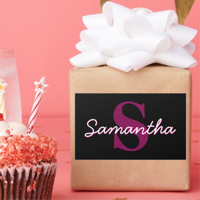 Cute Customisable Pink & Black Monogram Script Rectangular Sticker (Party)