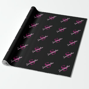 Cute Customisable Pink & Black Monogram Script Wrapping Paper