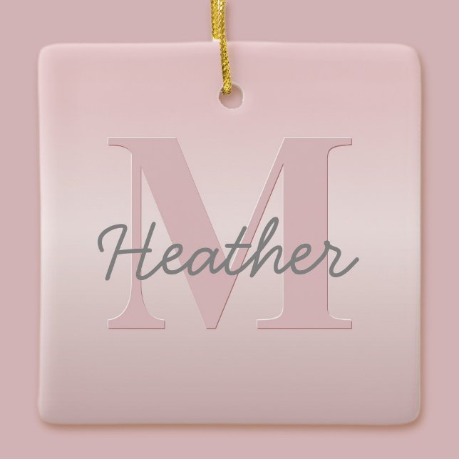 Cute Customisable Pink Monogram & Your Name Script Ceramic Ornament (Creator Uploaded)