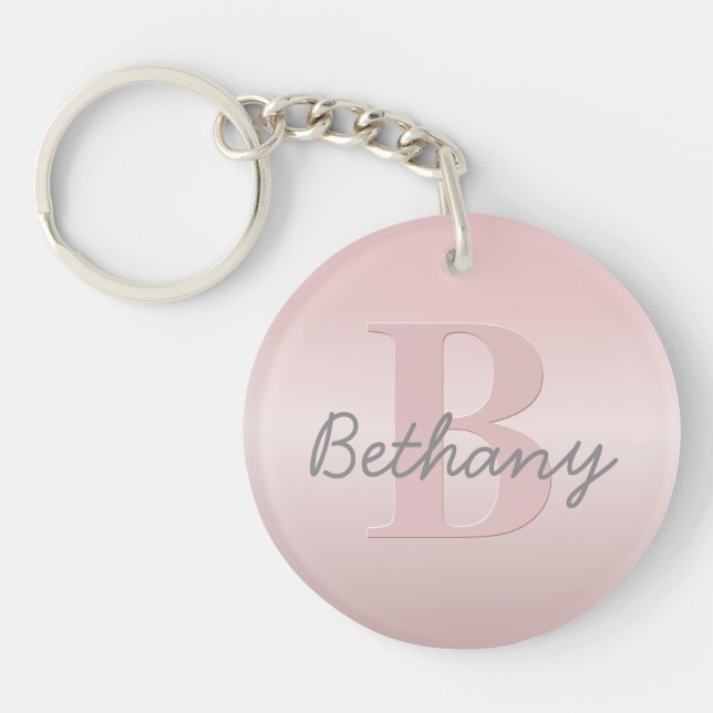 Cute Customisable Pink Monogram & Your Name Script Key Ring (Front)