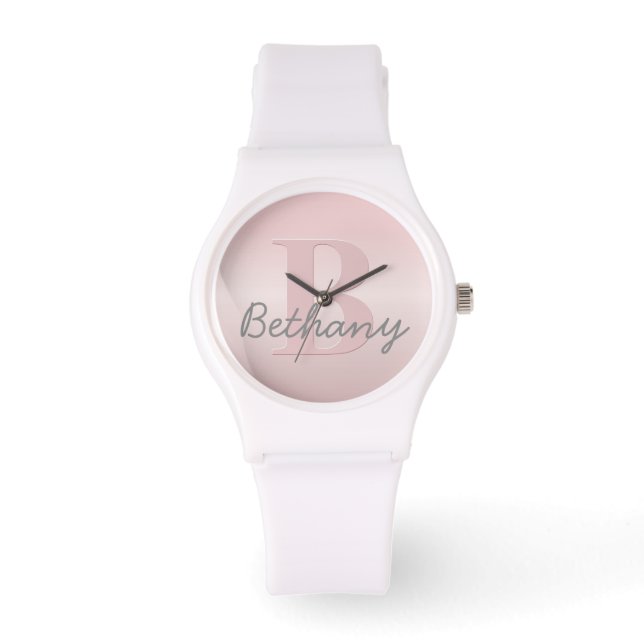 Cute Customisable Pink Monogram & Your Name Script Watch (Front)