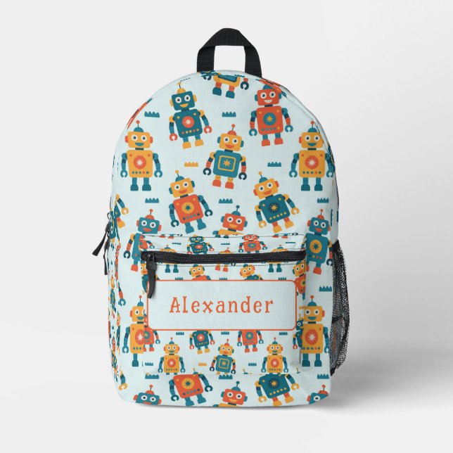 Cute Customisable Robot Print Printed Backpack (Front)