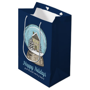 Cute Customised Christmas Snow Globe Navy Blue Medium Gift Bag