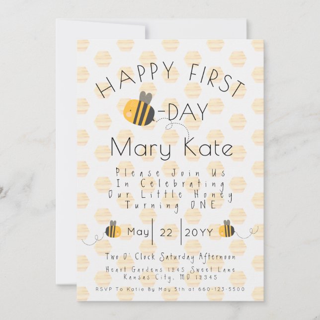 Cute Customised Honey Bee First Birthday Invitation (Front)