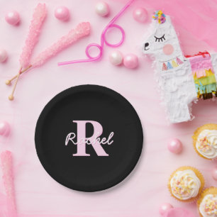 Cute Customizable Monogram Pink Ombre & Gray Paper Plate