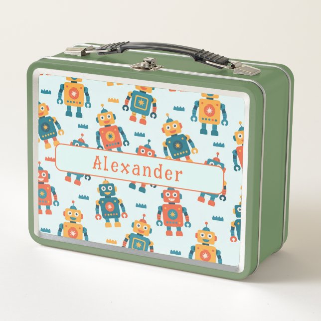 Cute Customizable Robot Print Metal Lunch Box (Front)