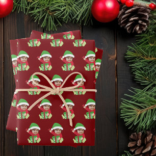 Cute Customized Children's Photo Elf Christmas Red Wrapping Paper Sheet