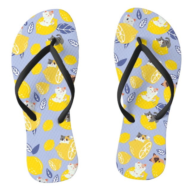 Cute Cut Lemons And Cats Flip Flops (Footbed)