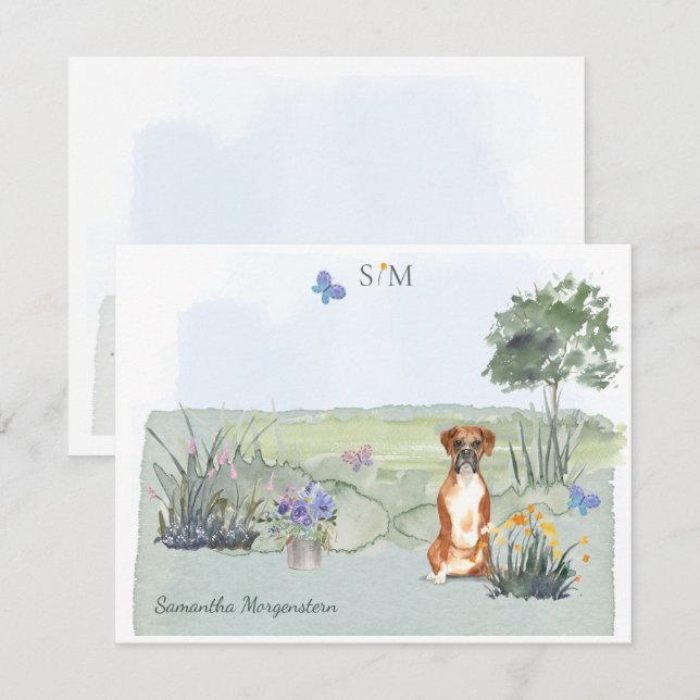 Cute Cute Boxer Dog Butterfly Monogram and Name  Card (Front/Back)
