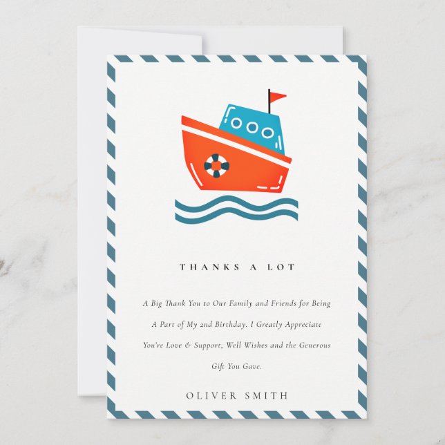 Cute Cute Kids Nautical Boat Any Age Birthday Thank You Card (Front)