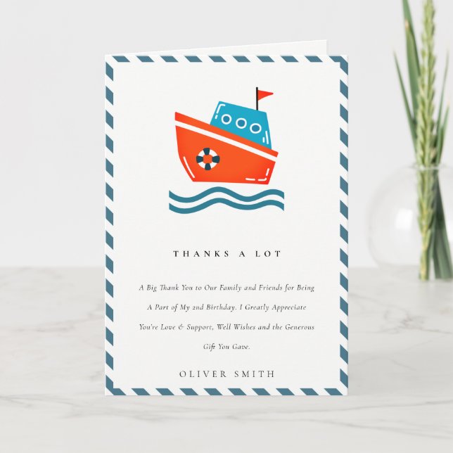 Cute Cute Kids Nautical Boat Any Age Birthday Thank You Card (Front)