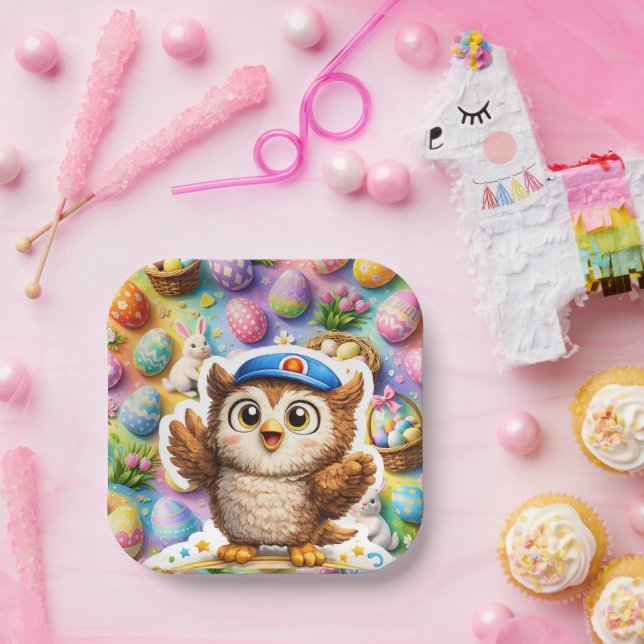 Cute, cute the owl Square Easter egg party paper Plate (Party)