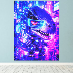 Cute Cyberpunk Dinosaur Neon City Chibi Wall Art
