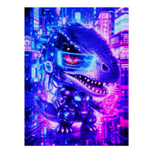 Cute Cyberpunk Dinosaur Neon City Chibi Wall Art