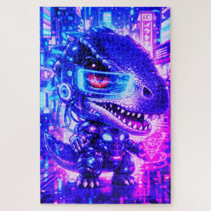 Cute Cyberpunk Dinosaur Neon City Chibi Wall Art Jigsaw Puzzle