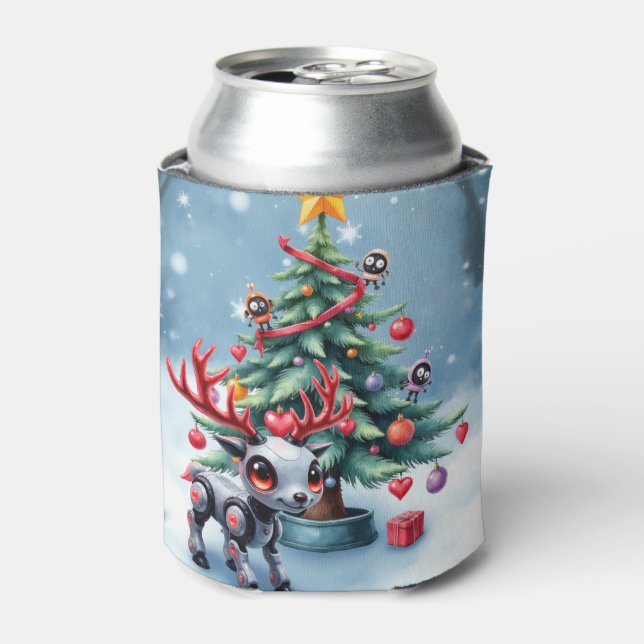 Cute Cyberpunk Reindeer with Christmas Tree Can Cooler (Can Front)
