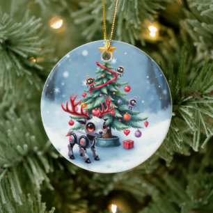 Cute Cyberpunk Reindeer with Christmas Tree Ceramic Tree Decoration