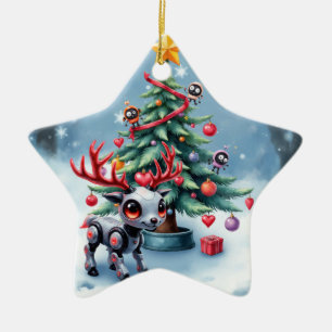 Cute Cyberpunk Reindeer with Christmas Tree Ceramic Tree Decoration