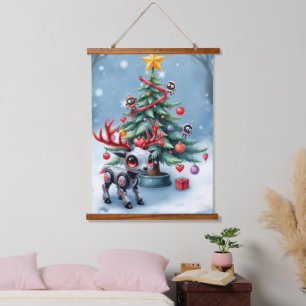 Cute Cyberpunk Reindeer with Christmas Tree Hanging Tapestry