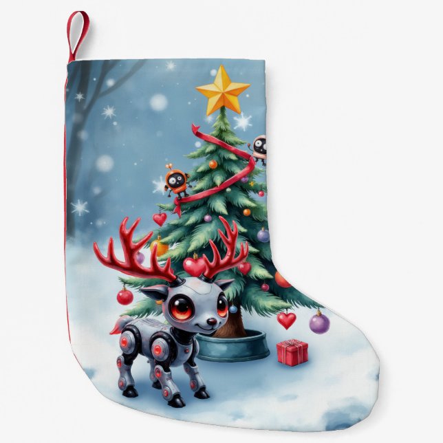 Cute Cyberpunk Reindeer with Christmas Tree Small Christmas Stocking (Front)