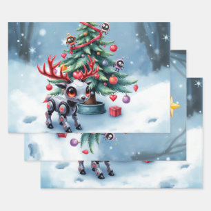 Cute Cyberpunk Reindeer with Christmas Tree Wrapping Paper Sheet