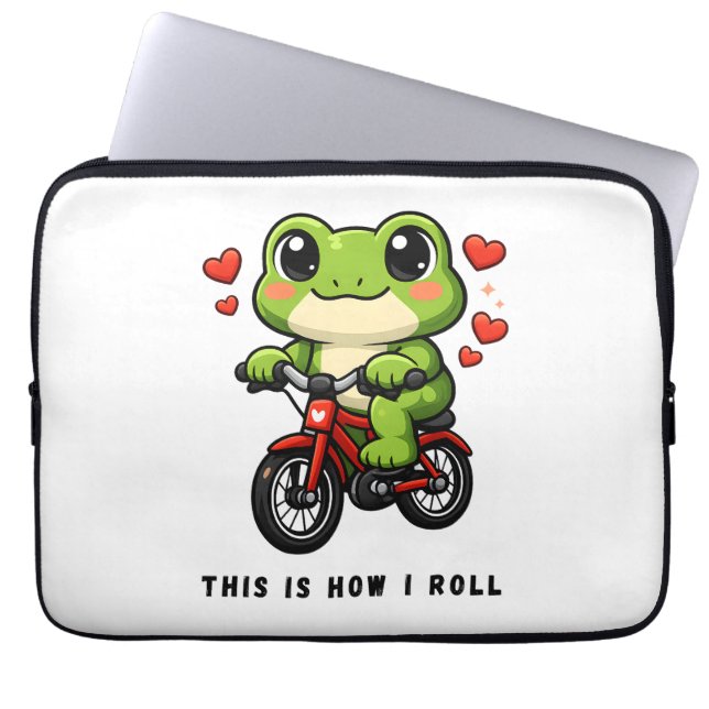 Cute Cycling Frog | Kawaii Frog Bicycle Art Laptop Sleeve (Front)