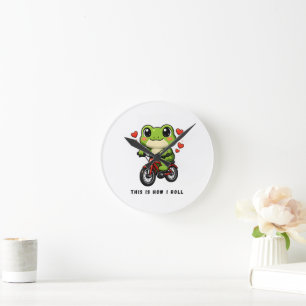 Cute Cycling Frog Kawaii Frog Bicycle Art Round Clock